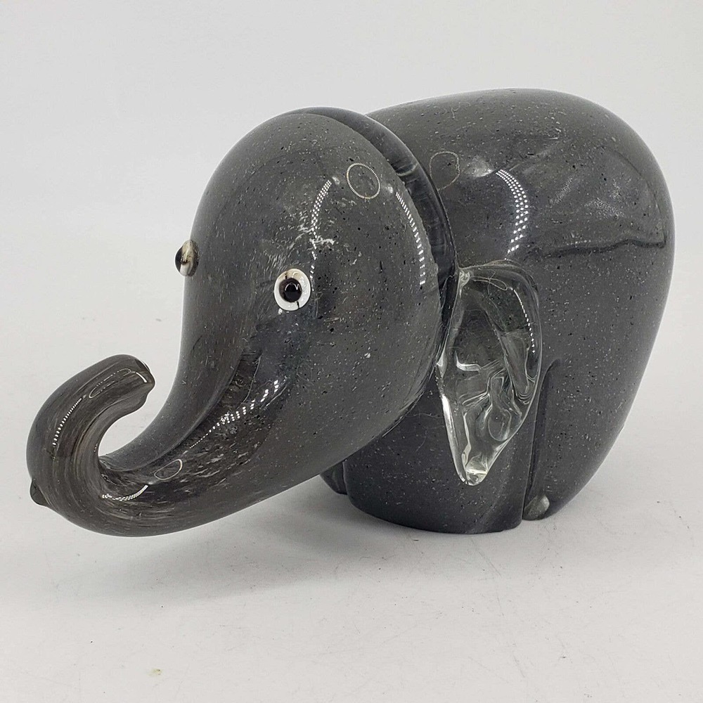 Studio Art Glass Hand Blown gray happy elephant figurine paperweight